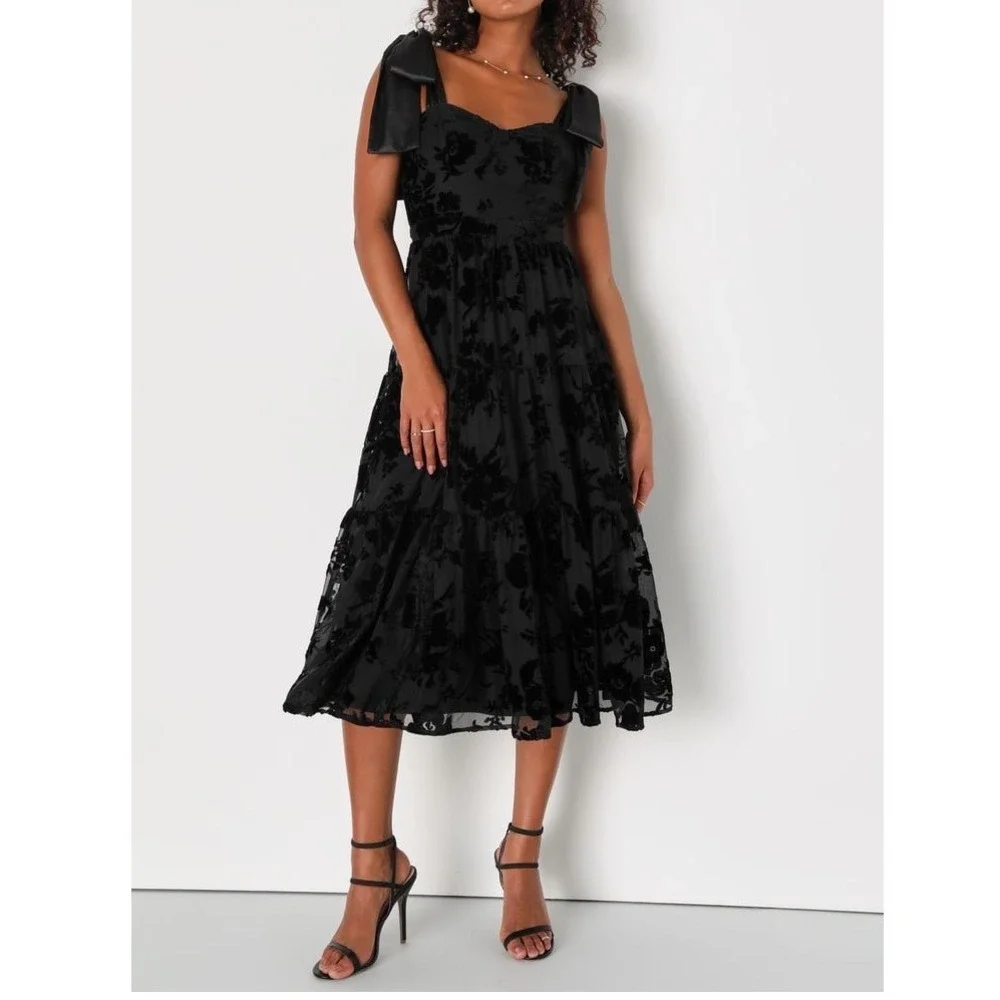 NWT Lulus Sweet Essence Black Floral Burnout‎ Velvet Tie-Strap Midi Dress XL